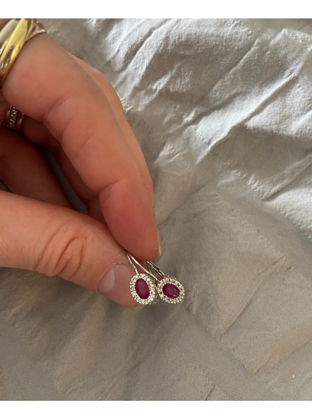14k white gold Ruby Red Halo Drop Earrings surrounded by diamonds- Women Jewelry